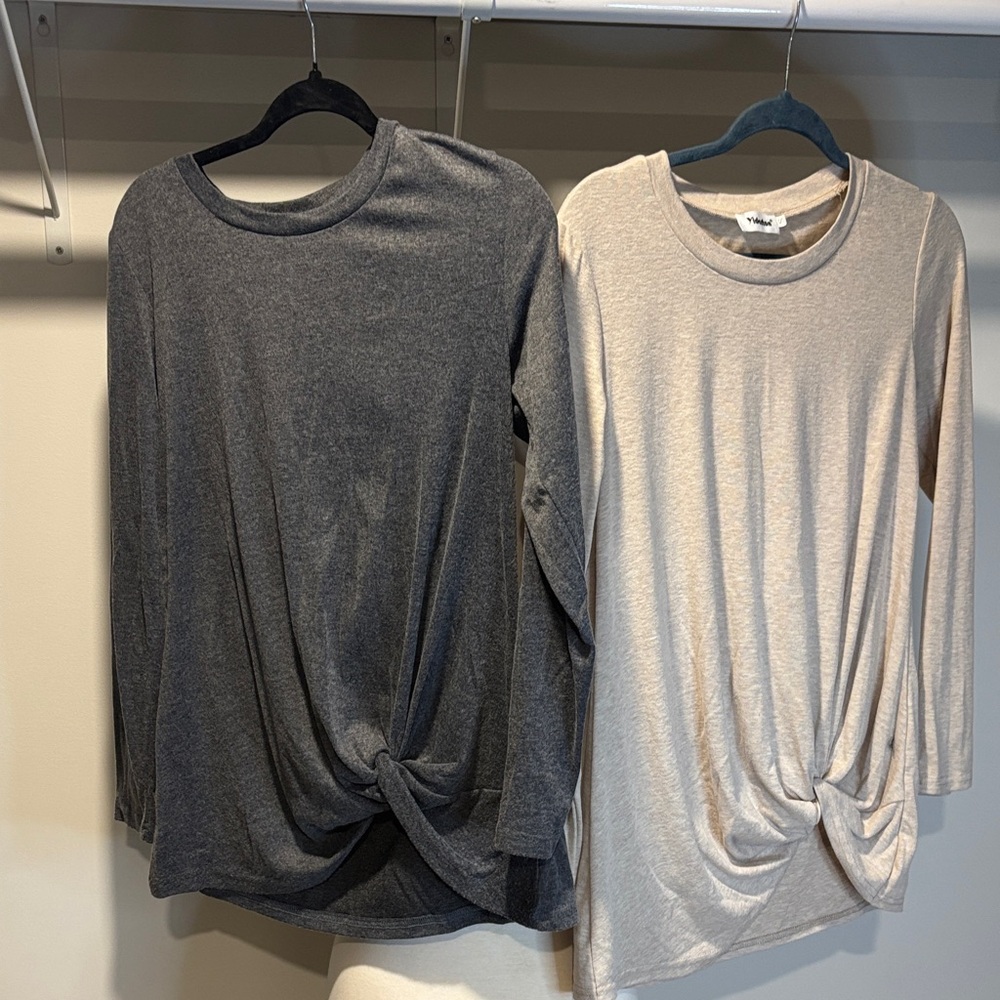Women's Knotted Hem Long Sleeve Tops - Gray and Cream